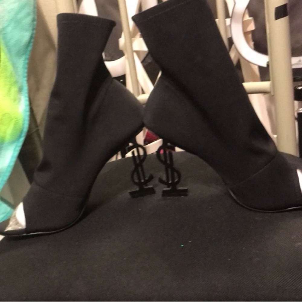 Black Open Toe Sock Boots with Dollar Sign Heels - Picture 5 of 8